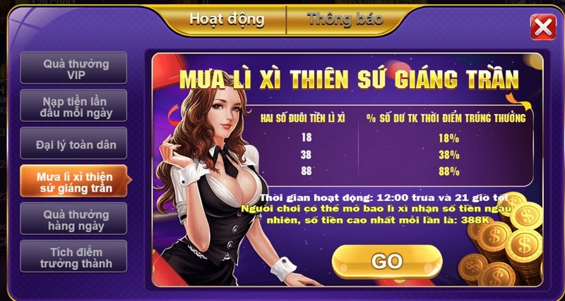 Nhận mưa lì xì thiên sứ giáng trần phát hành theo đợt bởi hệ thống