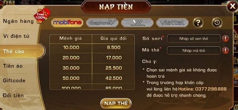 nạp tiền v99 bằng thẻ cào rất an toàn