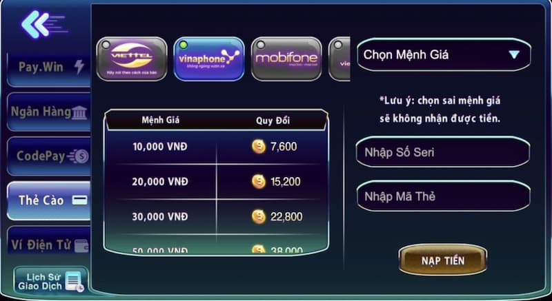 nạp tiền sum99 club bằng thẻ cào