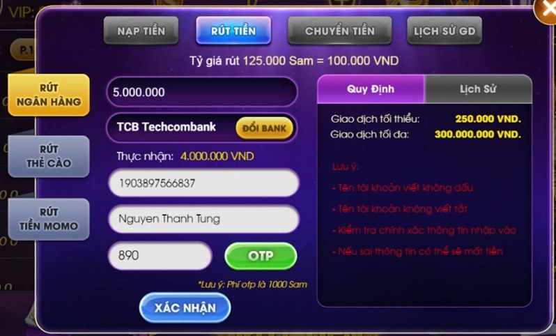Quá trình rút tiền Sum Vip nhanh chóng