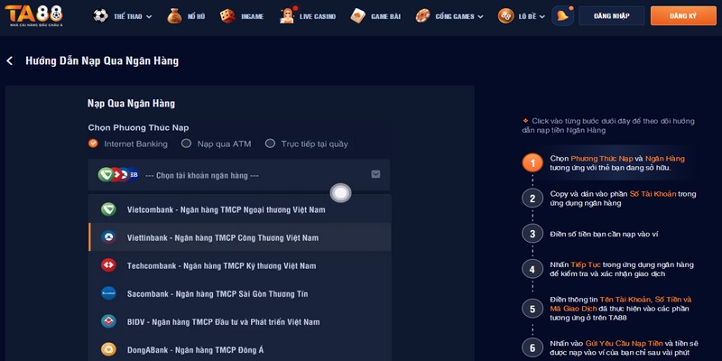 Biểu mẫu hướng dẫn nạp tiền vào cổng game