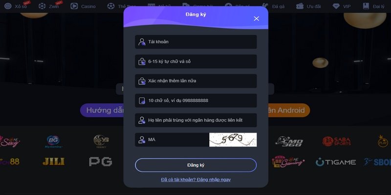 Biểu mẫu đăng ký tài khoản của cổng game